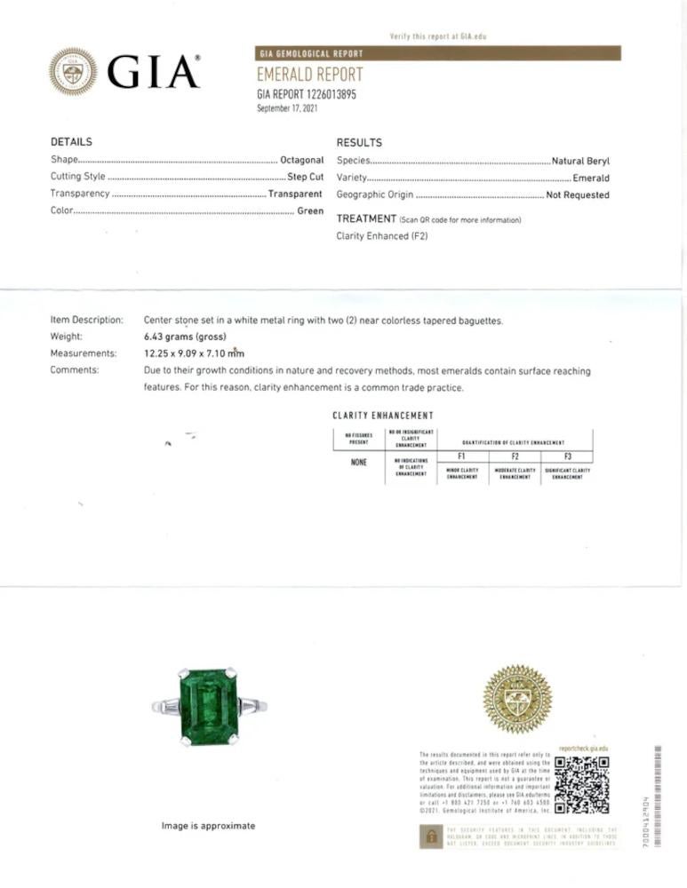 Emerald Cut 6.07ct Emerald Diamond Cocktail Ring GIA Certified Platinum, Natural 3 Stone, 6 For Sale