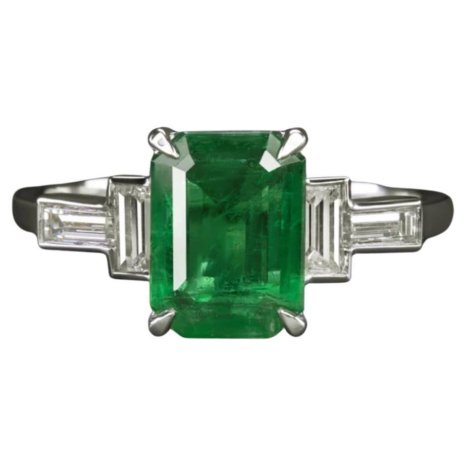 6.07ct Emerald Diamond Cocktail Ring GIA Certified Platinum, Natural 3 Stone, 6 For Sale