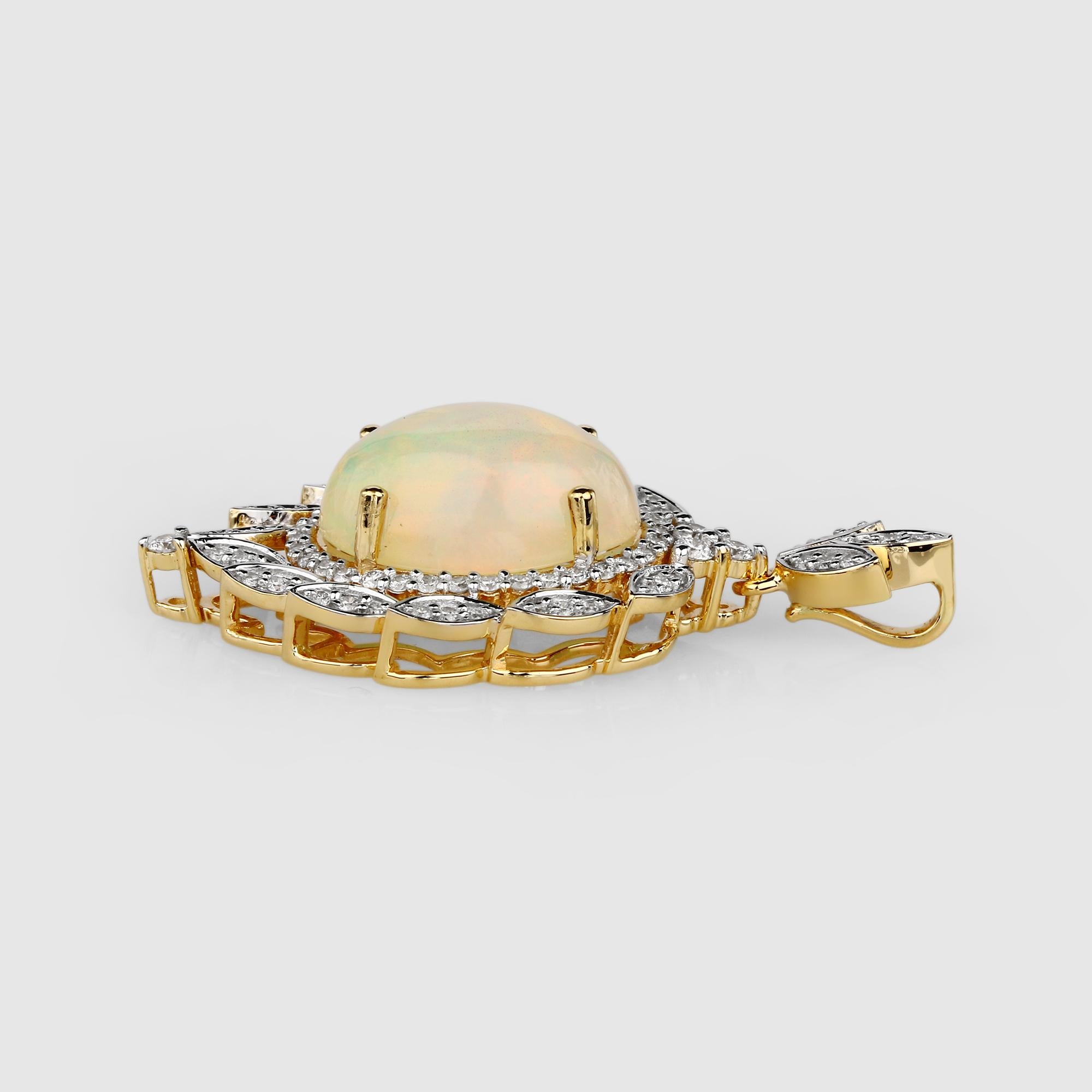 Contemporary 6.08 Carat Ethiopian Opal and White Diamond 14 Karat Yellow Gold Pendant