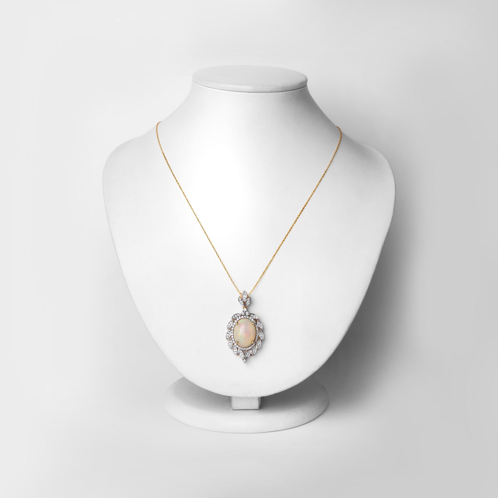 Oval Cut 6.08 Carat Ethiopian Opal and White Diamond 14 Karat Yellow Gold Pendant