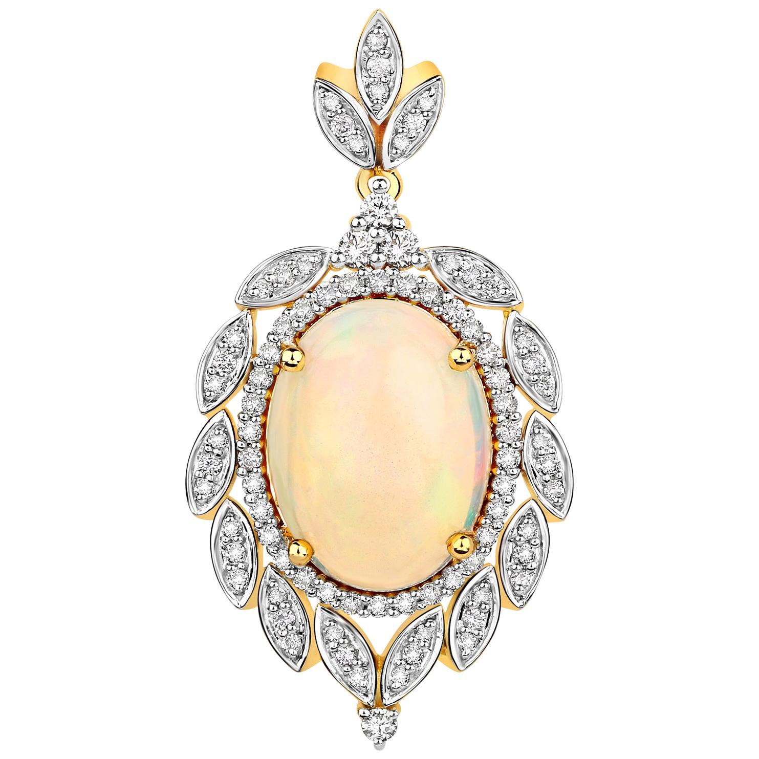 6.08 Carat Ethiopian Opal and White Diamond 14 Karat Yellow Gold Pendant