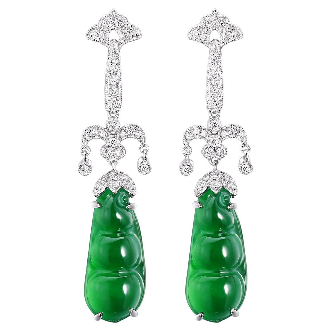 6.08 Carat Jade and Diamond Drop Earring in Platiunum and 18 Karat Gold