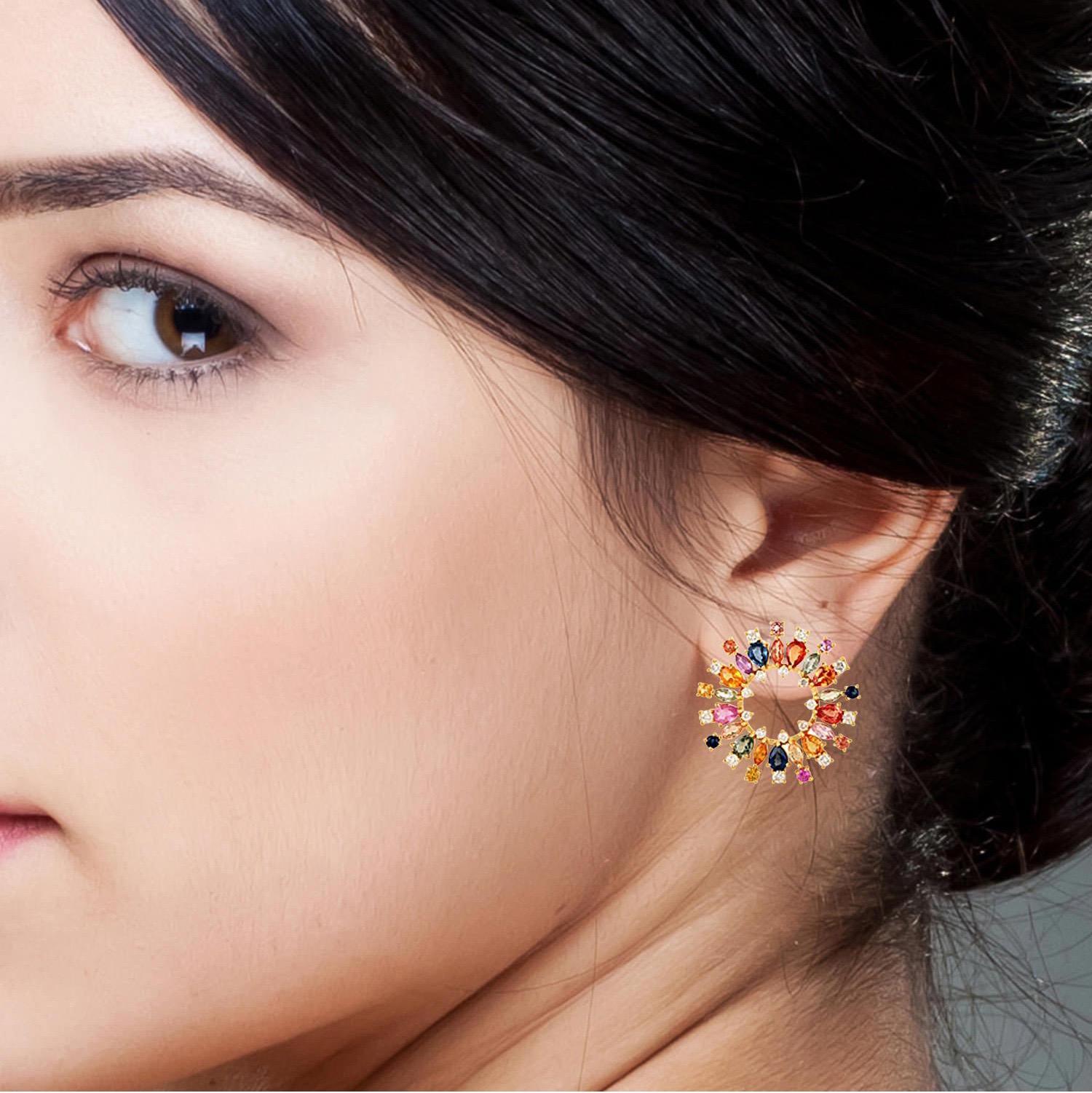 These multi sapphire earrings are handcrafted of 18K gold, 6.08 carat sapphires and .83 carats of sparkling diamonds.  

FOLLOW  MEGHNA JEWELS storefront to view the latest collection & exclusive pieces.  Meghna Jewels is proudly rated as a Top