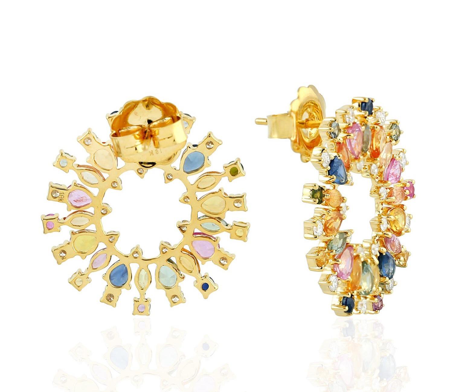 Modern 6.08 Carat Multi Sapphire Diamond 18 Karat Gold Sphere Earrings For Sale