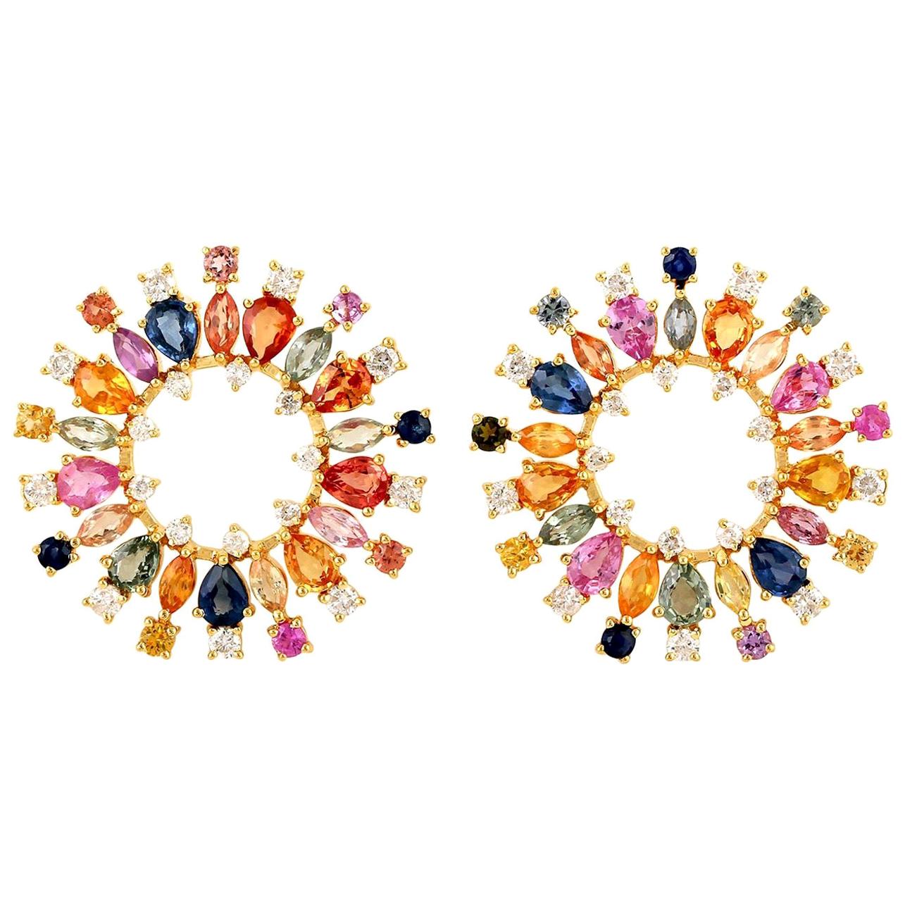 Boucles d'oreilles sphères en or 18 carats avec diamants et saphirs multicolores de 6,08 carats