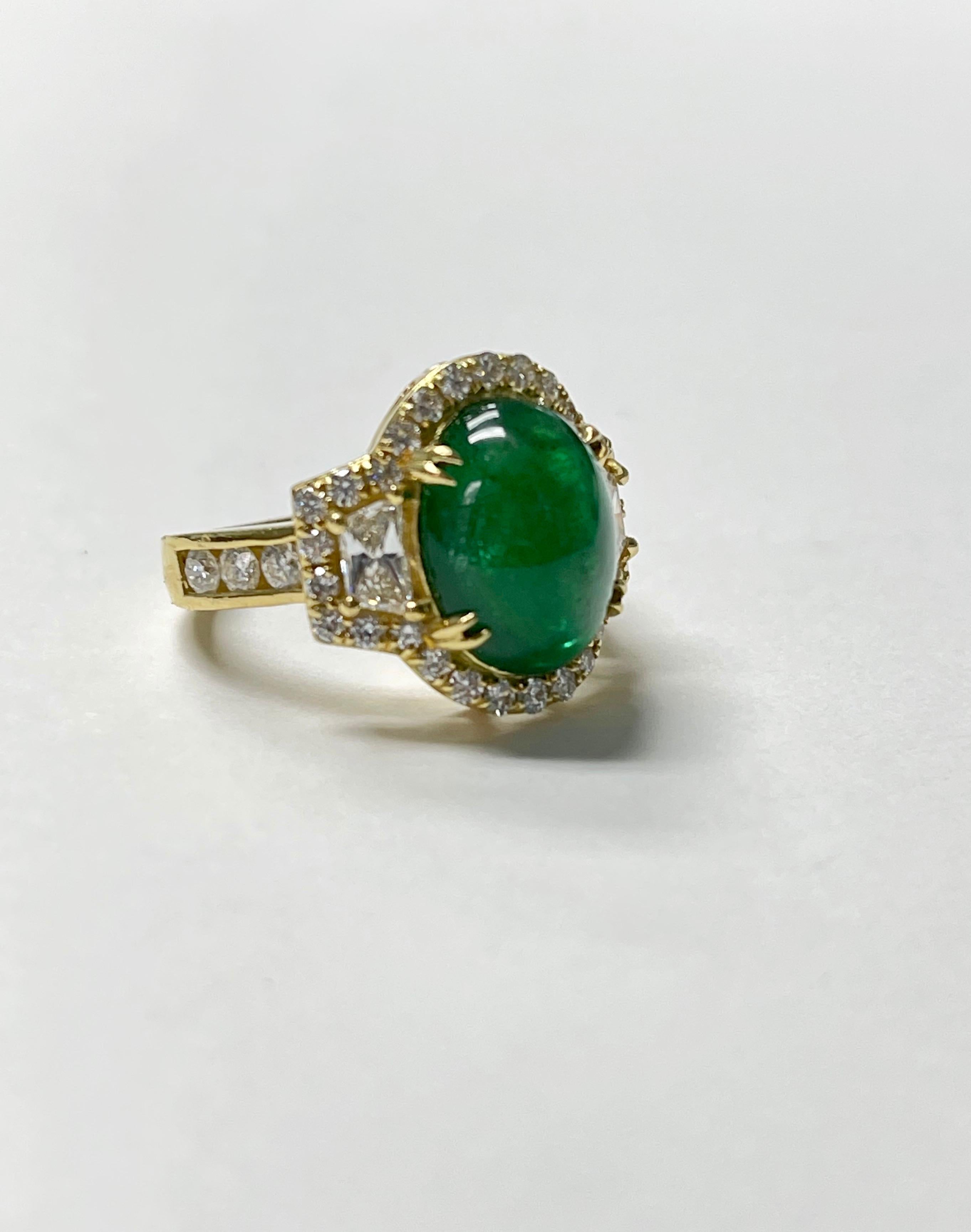 Oval Cut 6.08 Carat Oval Emerald Cabochon Engagement Ring in 18K Yellow Gold For Sale