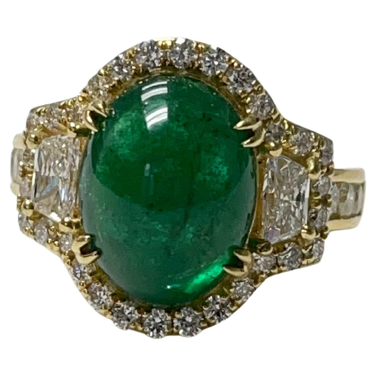 6.08 Carat Oval Emerald Cabochon Engagement Ring in 18K Yellow Gold For Sale