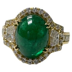 6.08 Carat Oval Emerald Cabochon Engagement Ring in 18K Yellow Gold