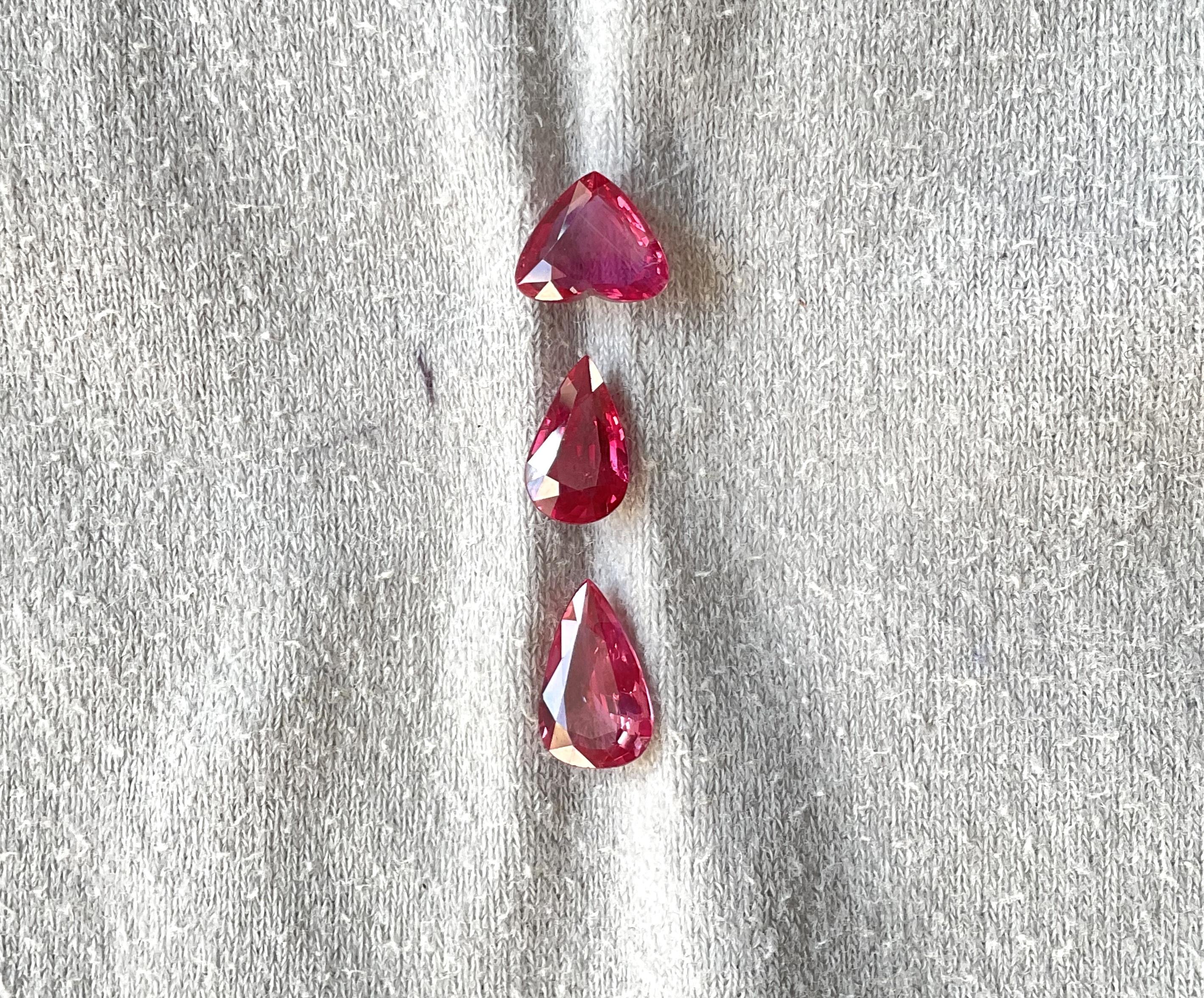 6.08 Carats Mozambique Ruby Pear & Heart Cut Stone 3 Pieces For Jewelry natural For Sale 2