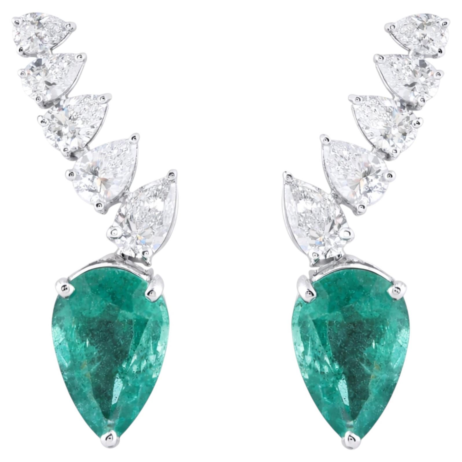 6 Carat Zambian Emerald with Diamond Jacket Earrings 18k White Gold Jewelry
