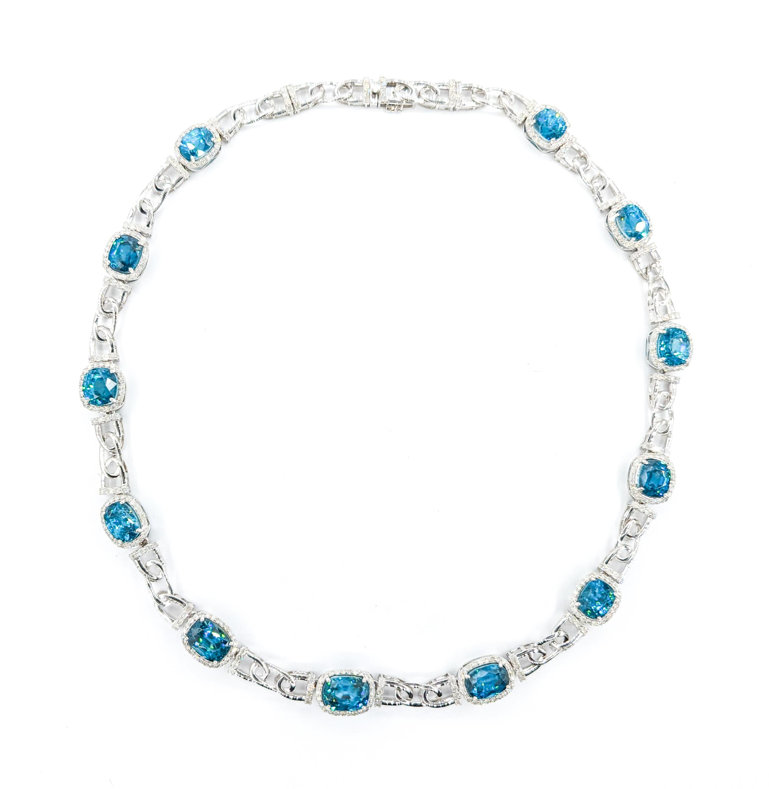 60.81ctw Blue Zircon & 4.53ctw Diamonds Necklace In White Gold 4