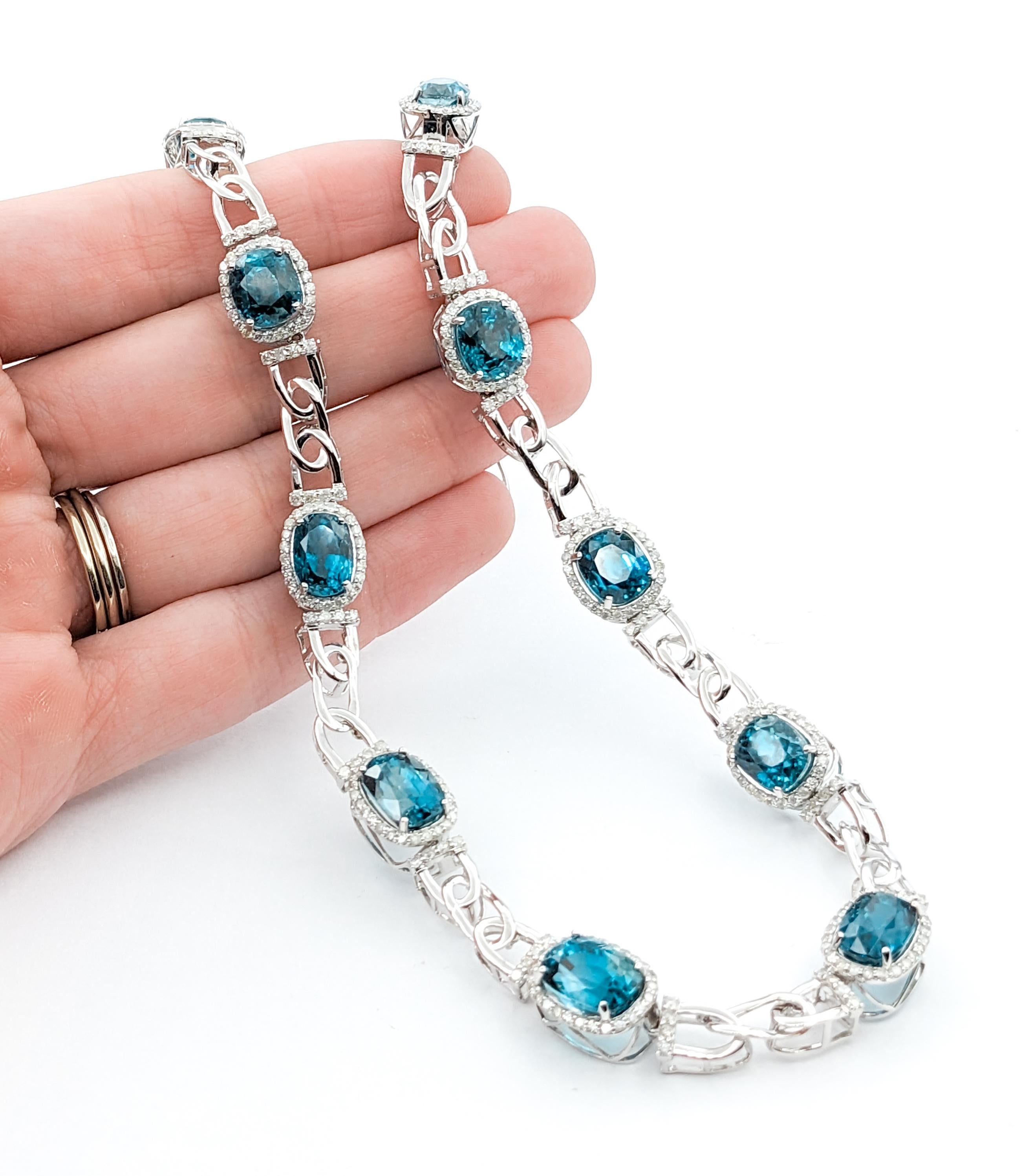 Contemporary 60.81ctw Blue Zircon & 4.53ctw Diamonds Necklace In White Gold For Sale