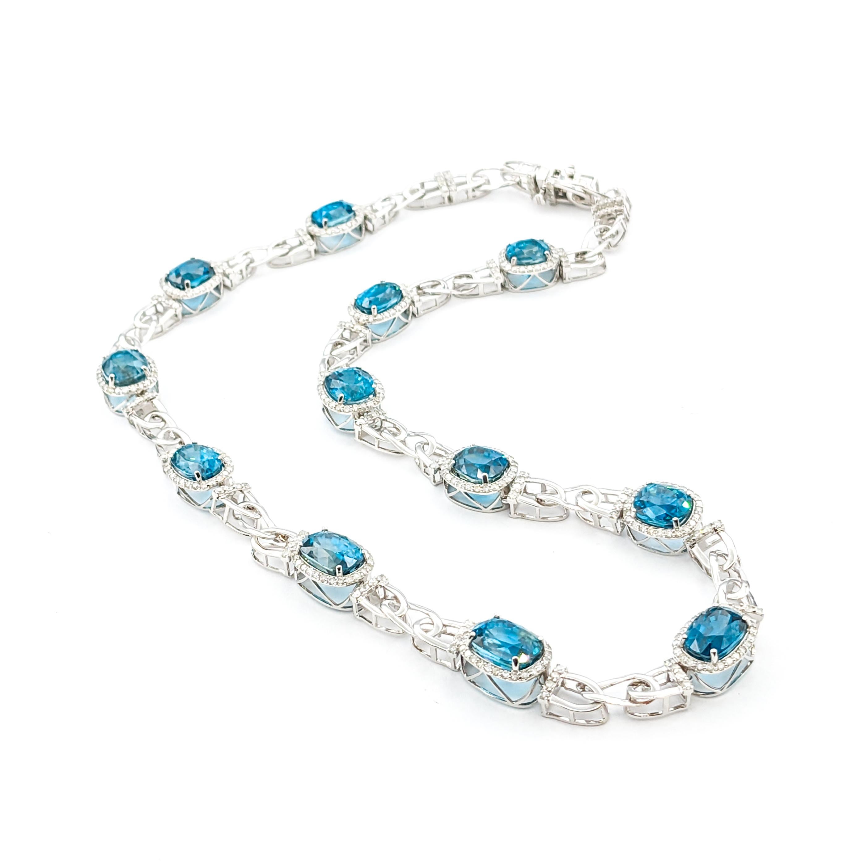 60.81ctw Blue Zircon & 4.53ctw Diamonds Necklace In White Gold For Sale 1