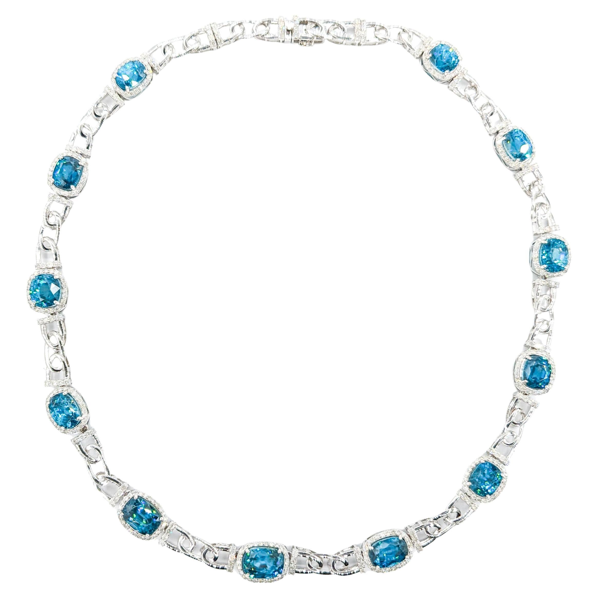60.81ctw Blue Zircon & 4.53ctw Diamonds Necklace In White Gold For Sale