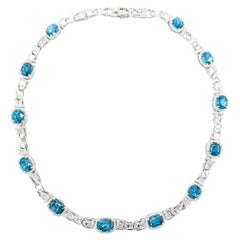 60.81ctw Blue Zircon & 4.53ctw Diamonds Necklace In White Gold
