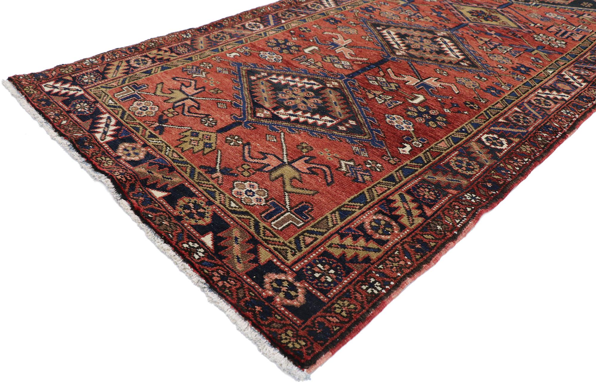 60883-60887 pair of matching vintage Persian Heriz Runners with Mid-Century Modern style. With a timeless design and Mid-Century Modern style, this matching pair of hand knotted wool vintage Persian Heriz runners are a captivating vision of woven
