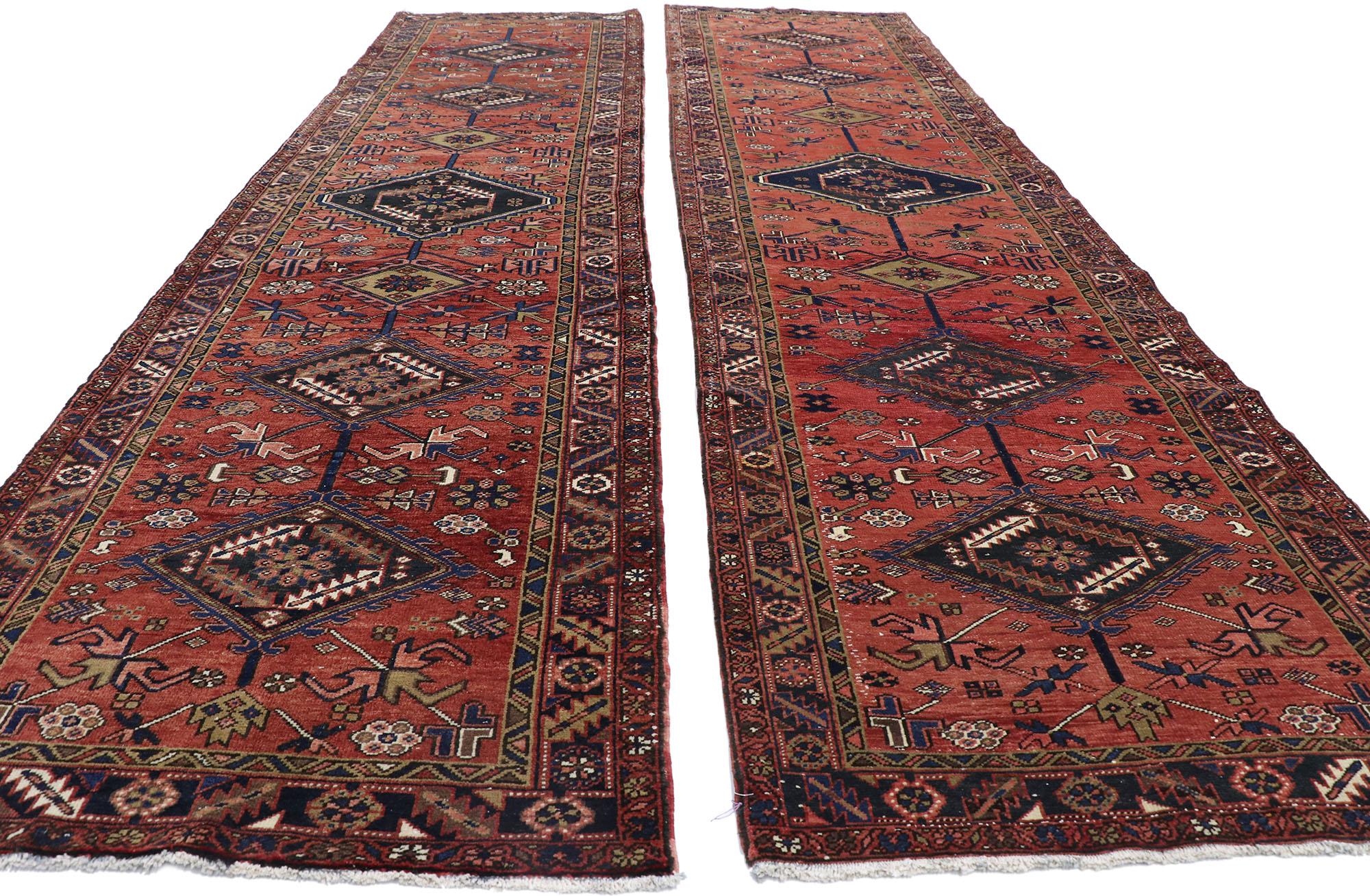 Wool Pair of Matching Vintage Persian Heriz Runners For Sale