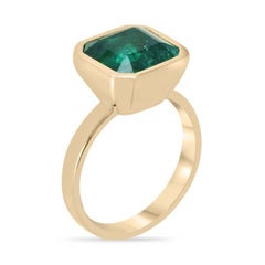 6.08ct 18K Large Asscher Cut Emerald Solitaire Ring - Dark Forest Green