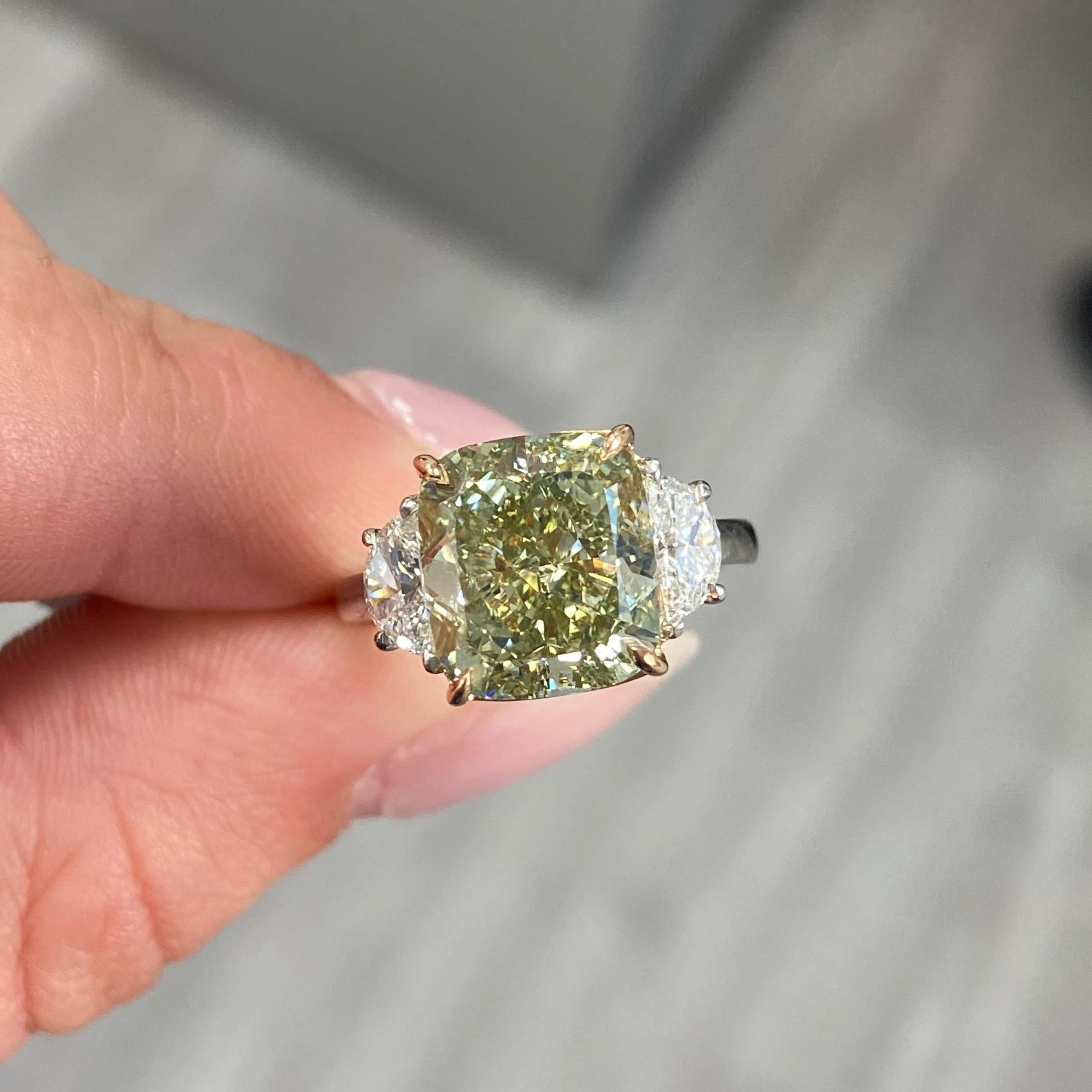 This natural green diamond is a rare gem in every sense of the word. Green diamonds are among the most uncommon gemstones, and the remarkable size and vibrant yellow-green hue of this one set it apart as a true treasure.

 This 6.08-carat
