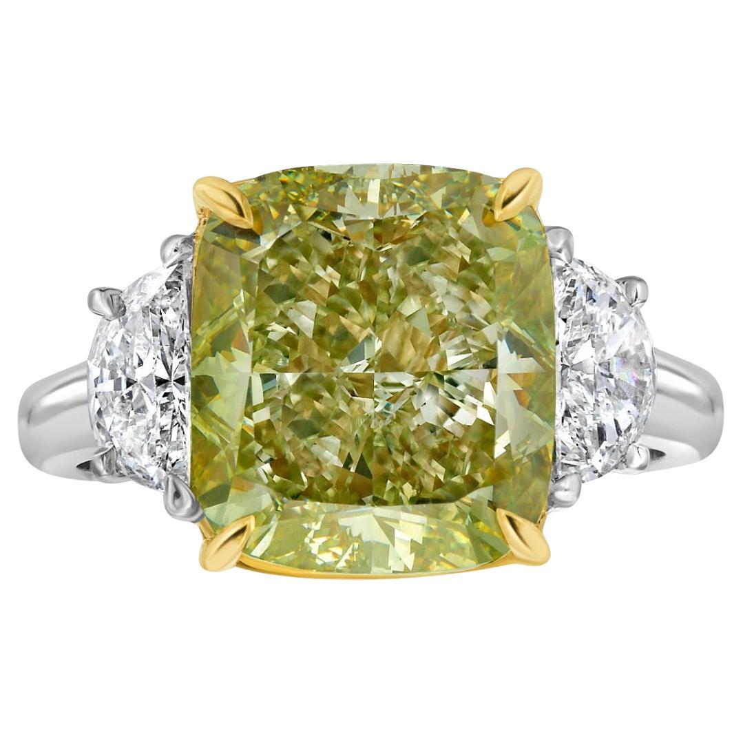 6.08ct Fancy Yellow-Green Cushion Cut Diamond Engagement Ring