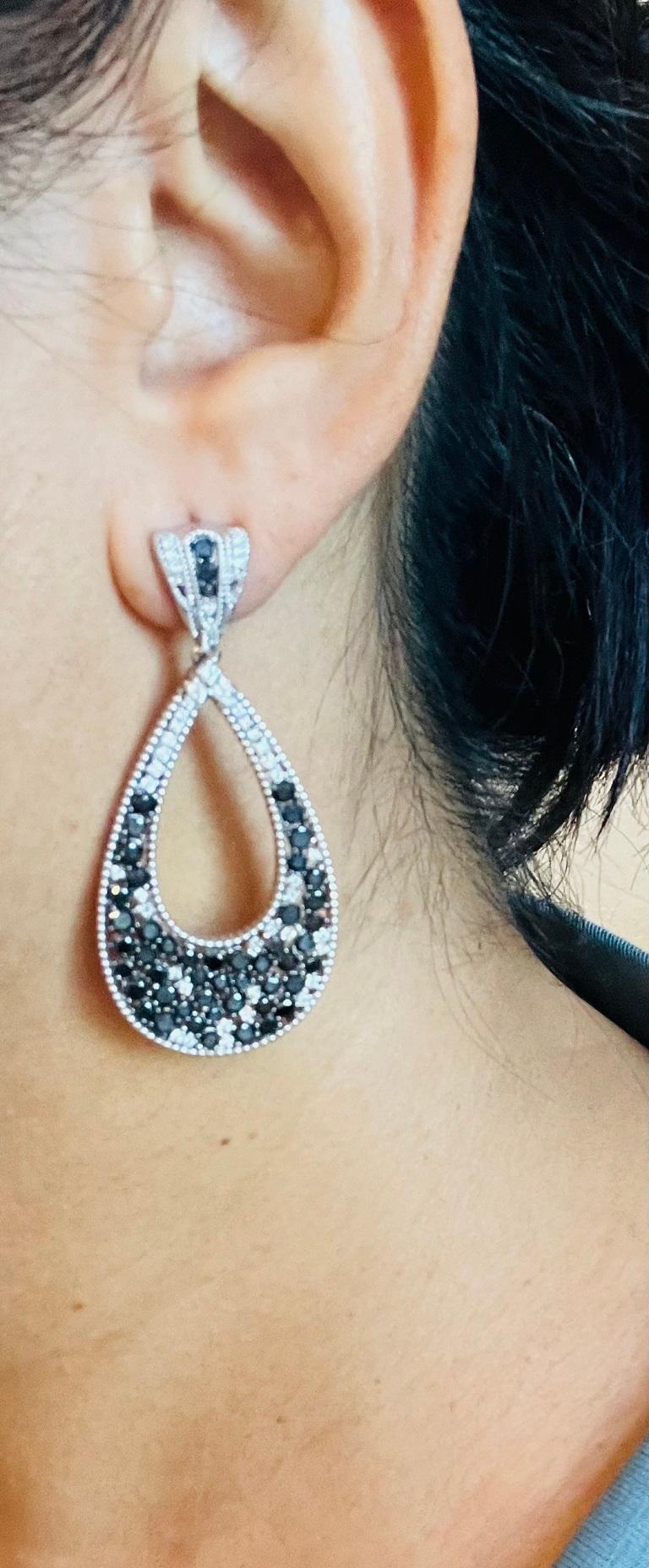 6.09 Carat Black Diamond White Diamond White Gold Dangle Earrings For Sale 1