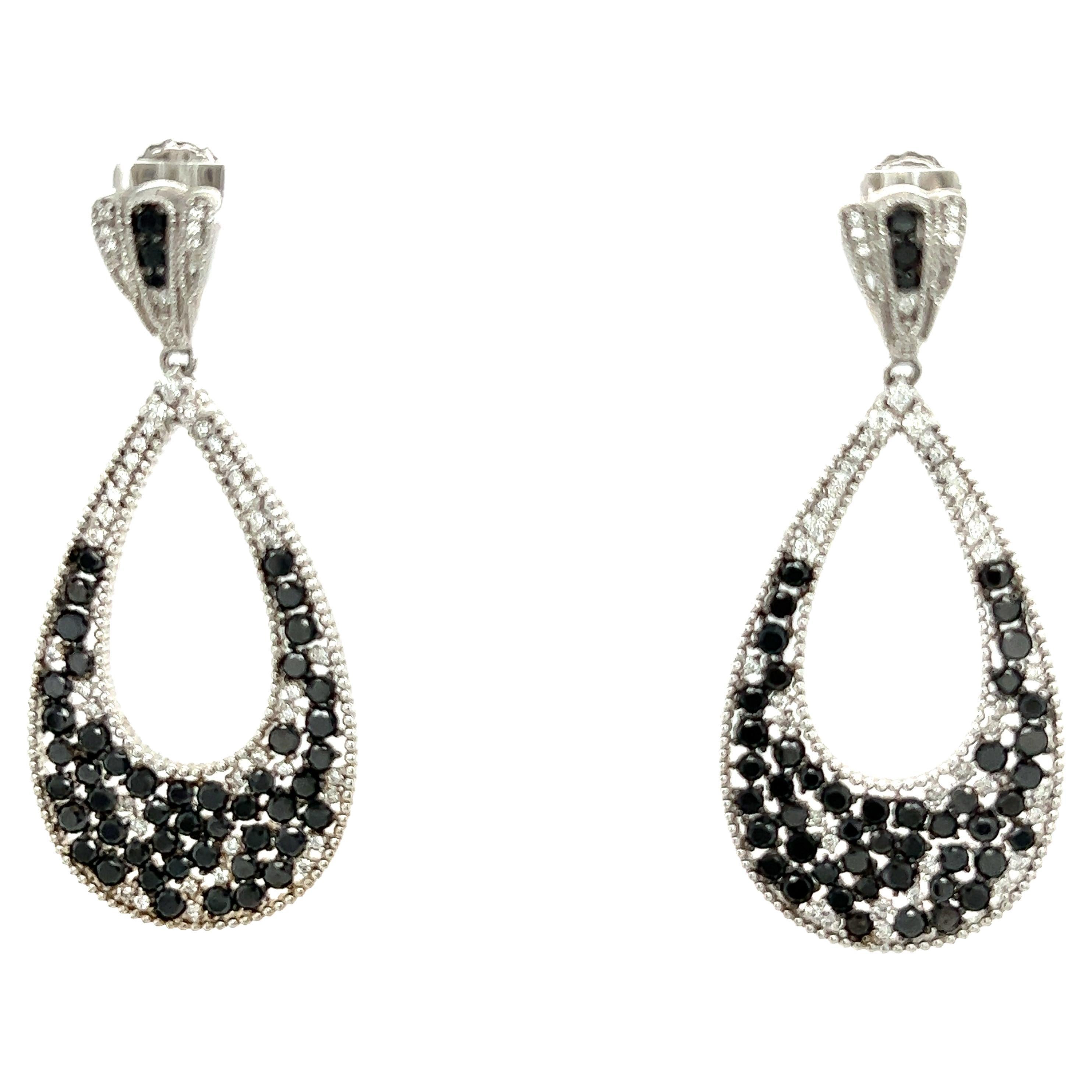 6.09 Carat Black Diamond White Diamond White Gold Dangle Earrings For Sale