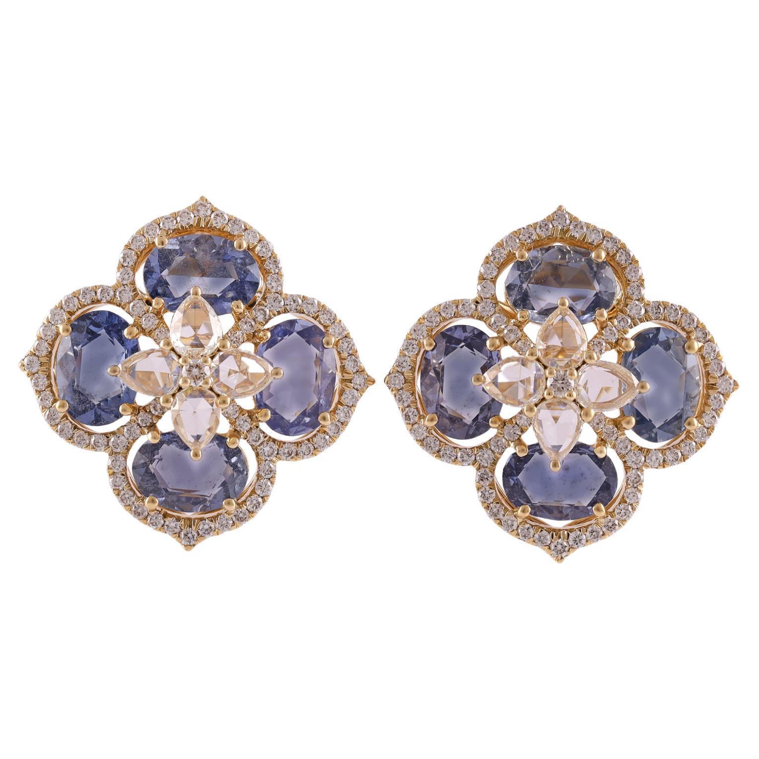 6.09 Carat  Blue Sapphire Earrings in Yellow Gold with Diamonds. 