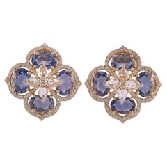6.09 Carat  Blue Sapphire Earrings in Yellow Gold with Diamonds. 