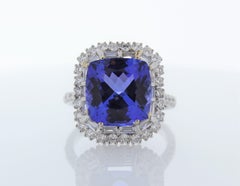 6.09 Carat Cushion Cut Tanzanite and Diamond Ring in 18K White Gold