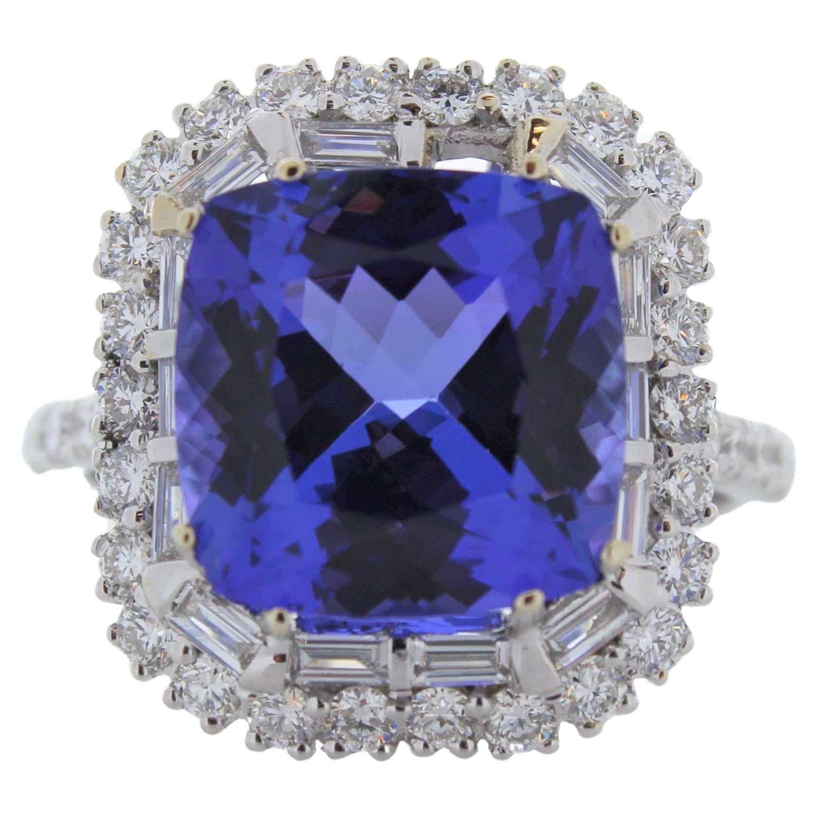 6.09 Carat Cushion Cut Tanzanite and Diamond Ring in 18K White Gold For Sale