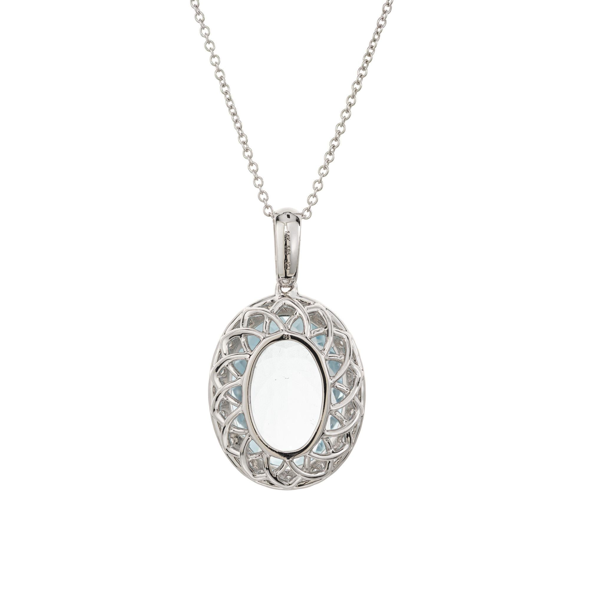 Oval Cut 6.09 Carat Oval Aquamarine Diamond Halo Pendant Necklace For Sale