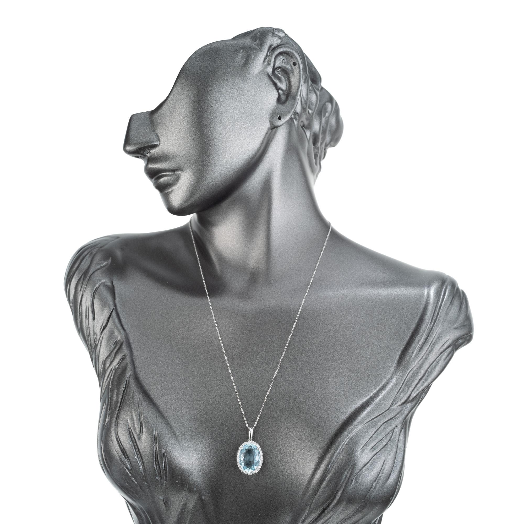 6.09 Carat Oval Aquamarine Diamond Halo Pendant Necklace For Sale 2