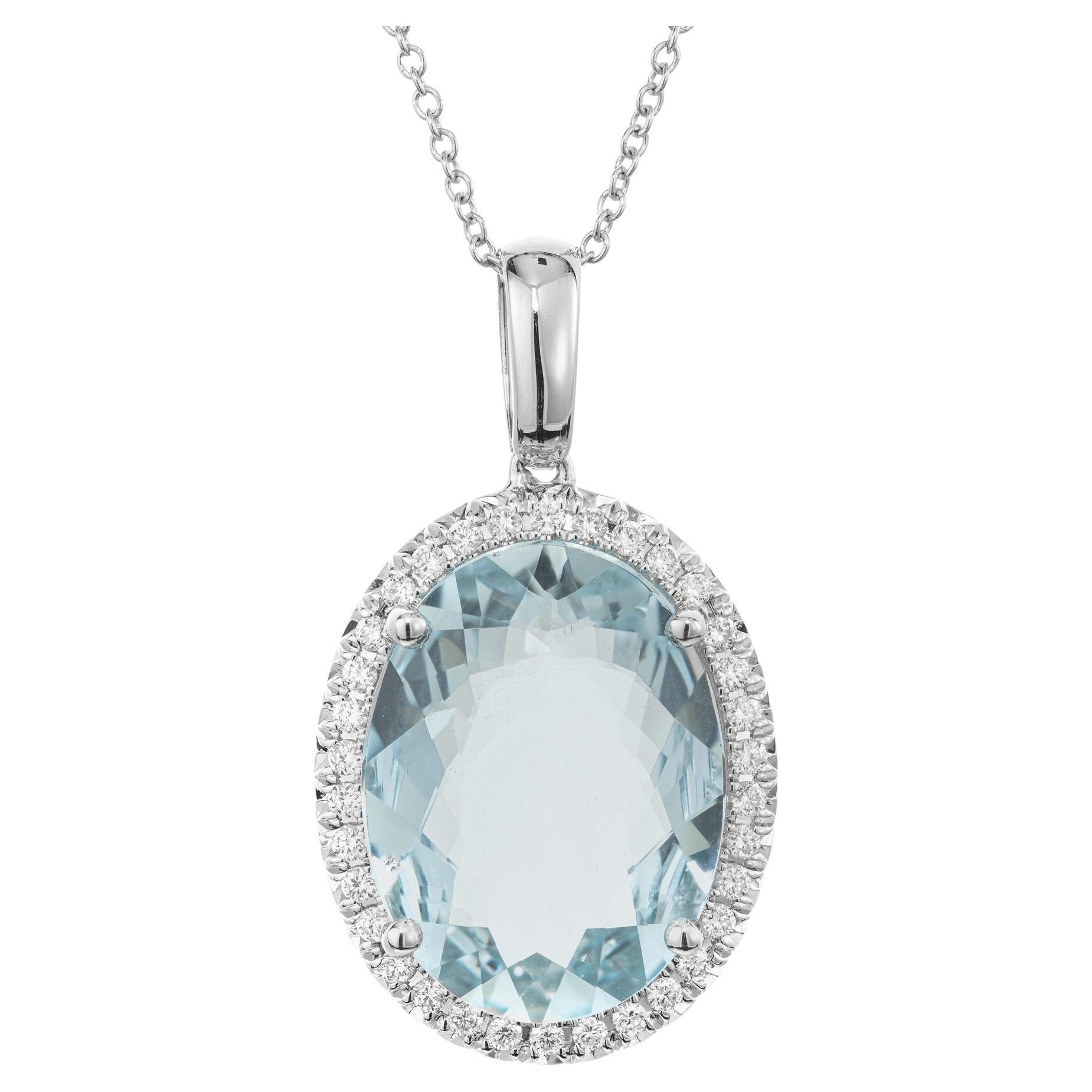 6.09 Carat Oval Aquamarine Diamond Halo Pendant Necklace For Sale