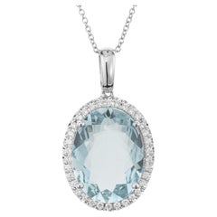 6.09 Carat Oval Aquamarine Diamond Halo Pendant Necklace