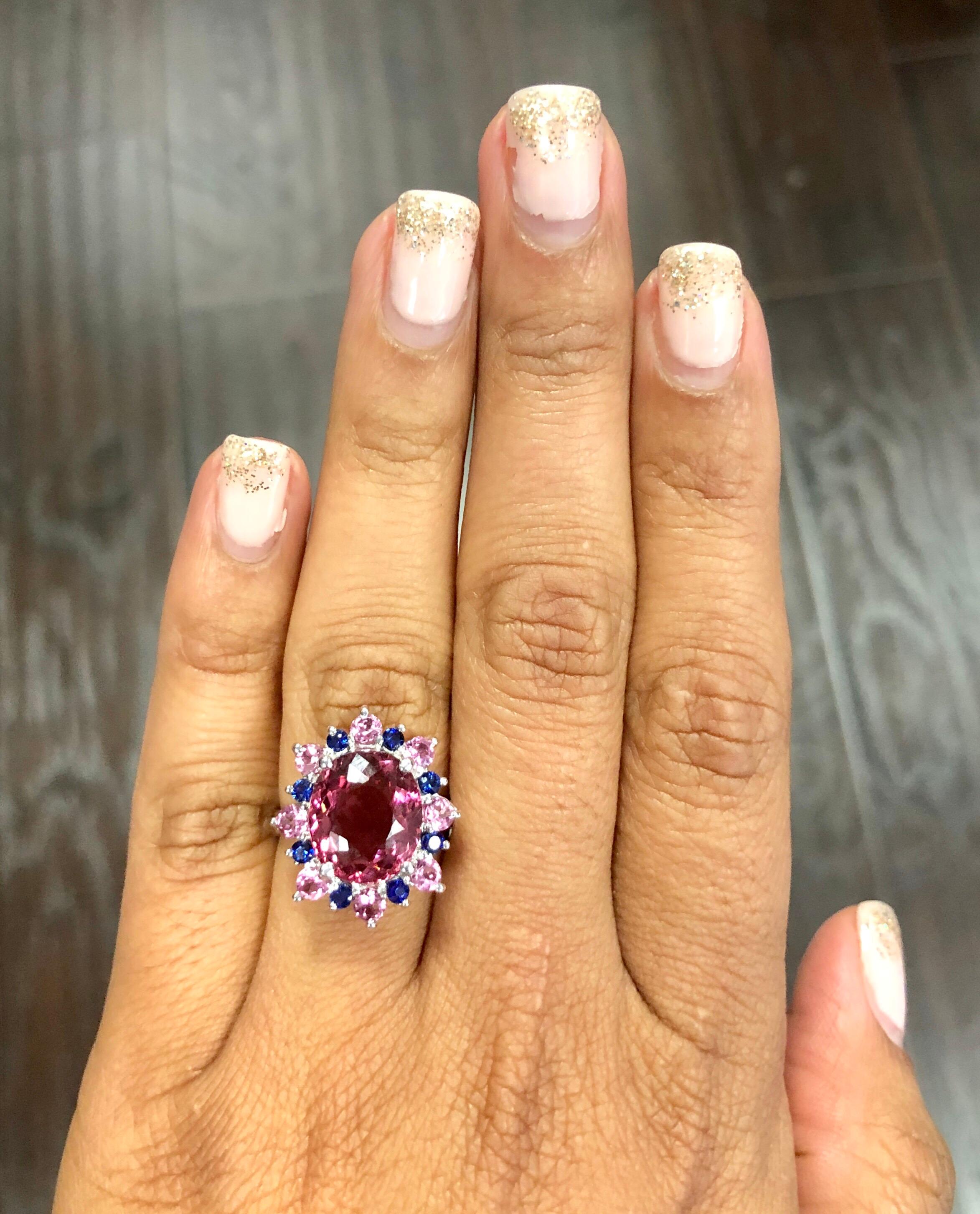 6.09 Carat Pink Tourmaline Blue Sapphire 14 Karat White Gold Cocktail Ring In New Condition In Los Angeles, CA