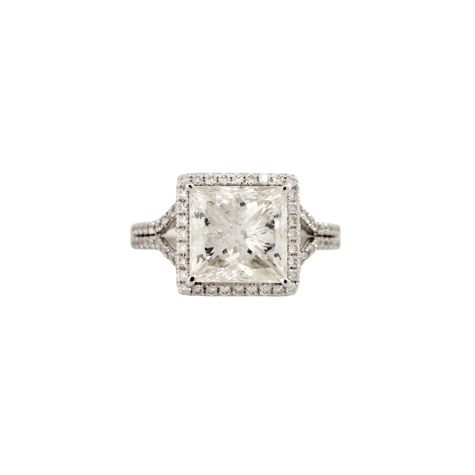 6.09 Carat Princess Cut Diamond Halo Engagement Ring 18 Karat In Stock For Sale 1