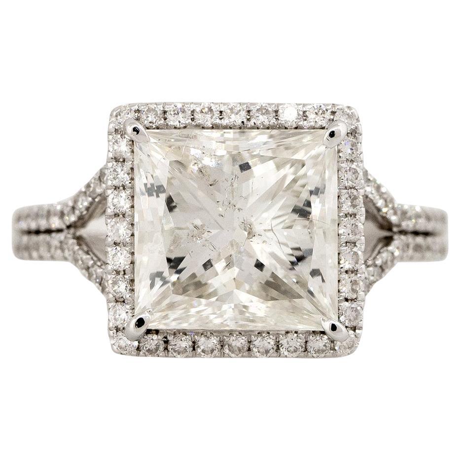 6.09 Carat Princess Cut Diamond Halo Engagement Ring 18 Karat In Stock