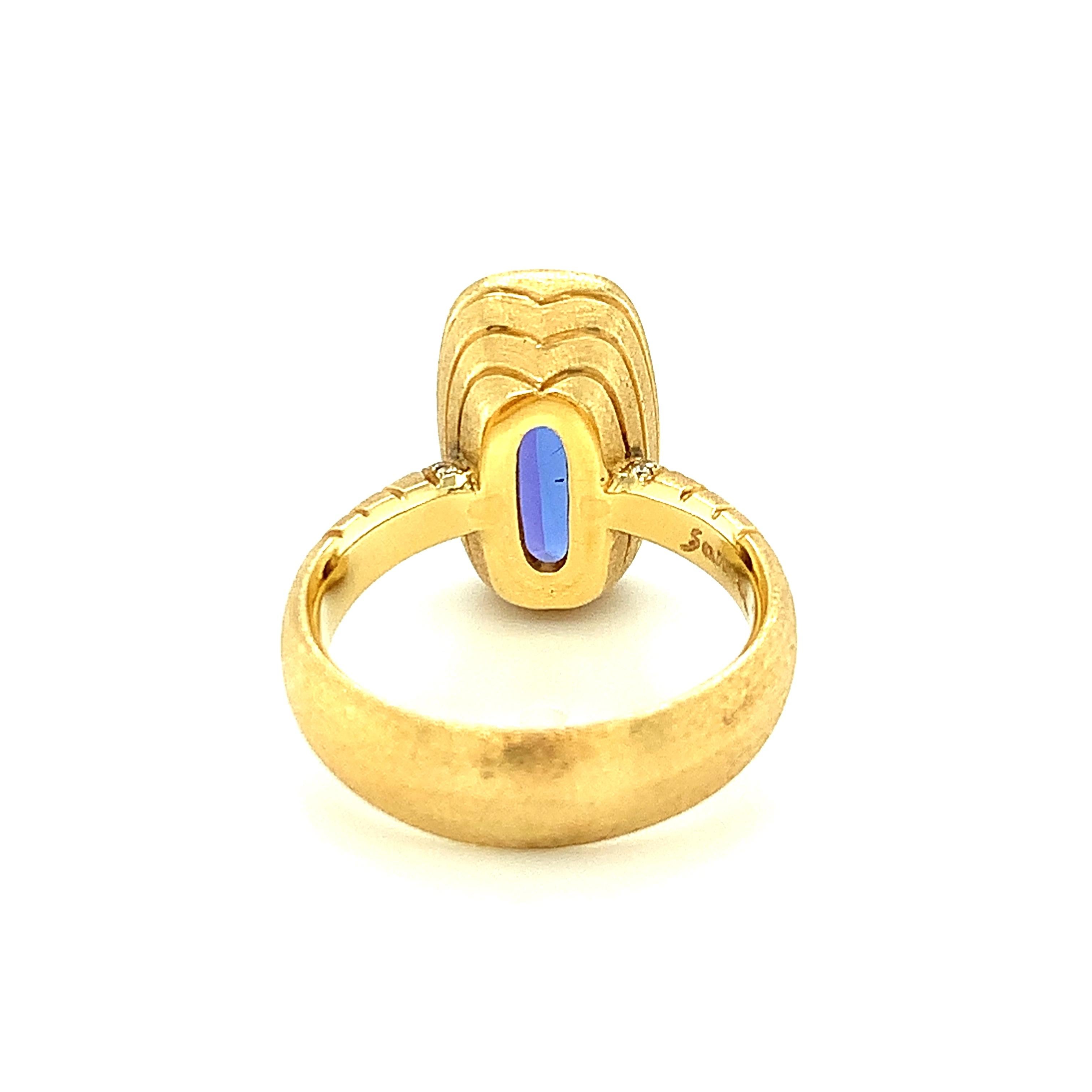 Women's or Men's Tanzanite and Diamond Handmade 18k Yellow Gold Bezel Ring, 6.09 Carats  For Sale