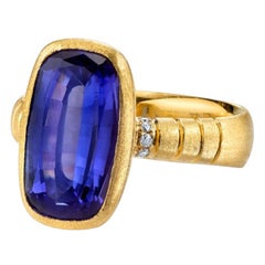 Tanzanite and Diamond Handmade 18k Yellow Gold Bezel Ring, 6.09 Carats 