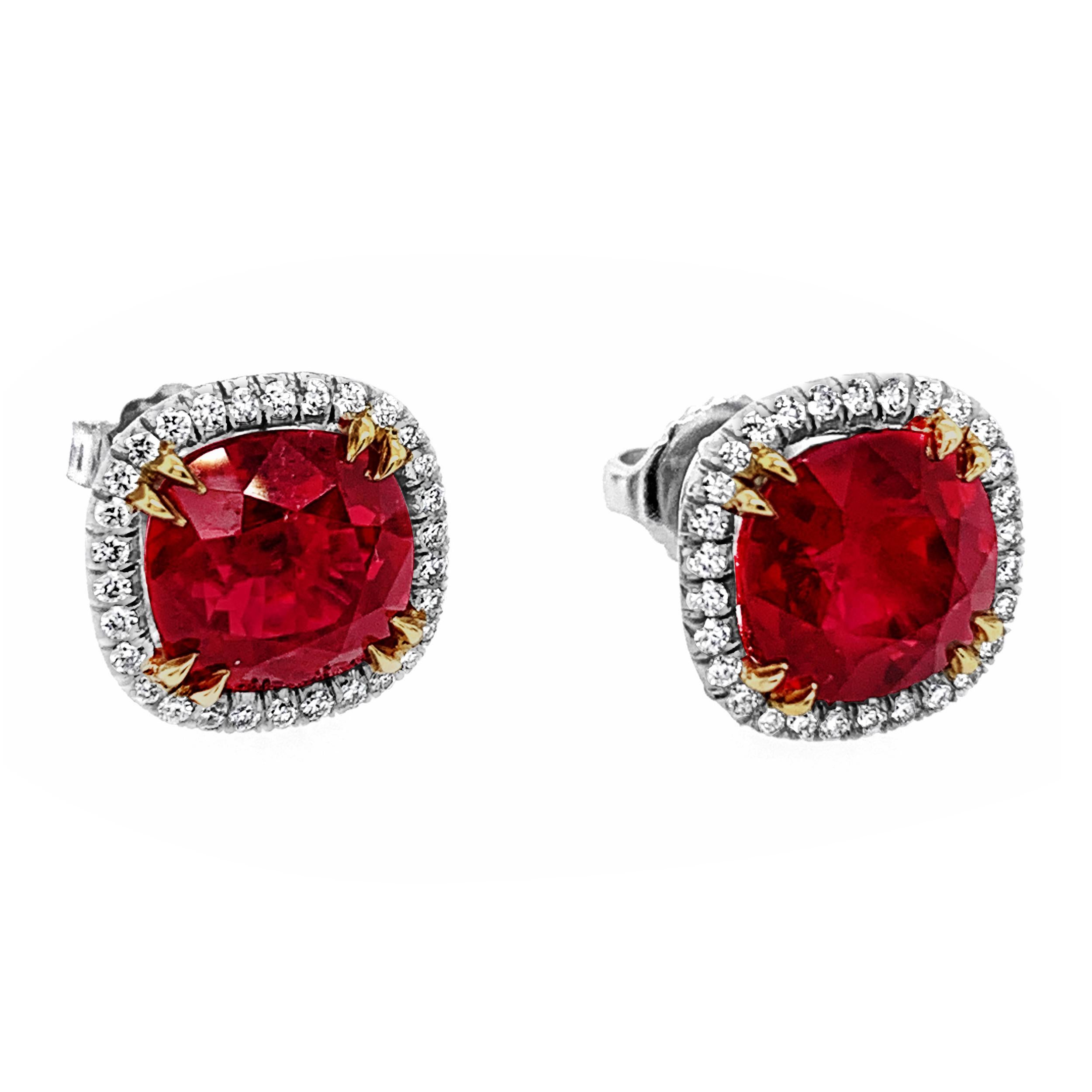 Beautiful Ruby Earrings with Diamond Halo set in Platinum with 18K Yellow Gold prongs.  Rubies are cushion cut weighing 6.09 Carats total weight.  Diamond halos surrounding rubies weigh 0.30 Carat total weight.  Friction-back posts.


