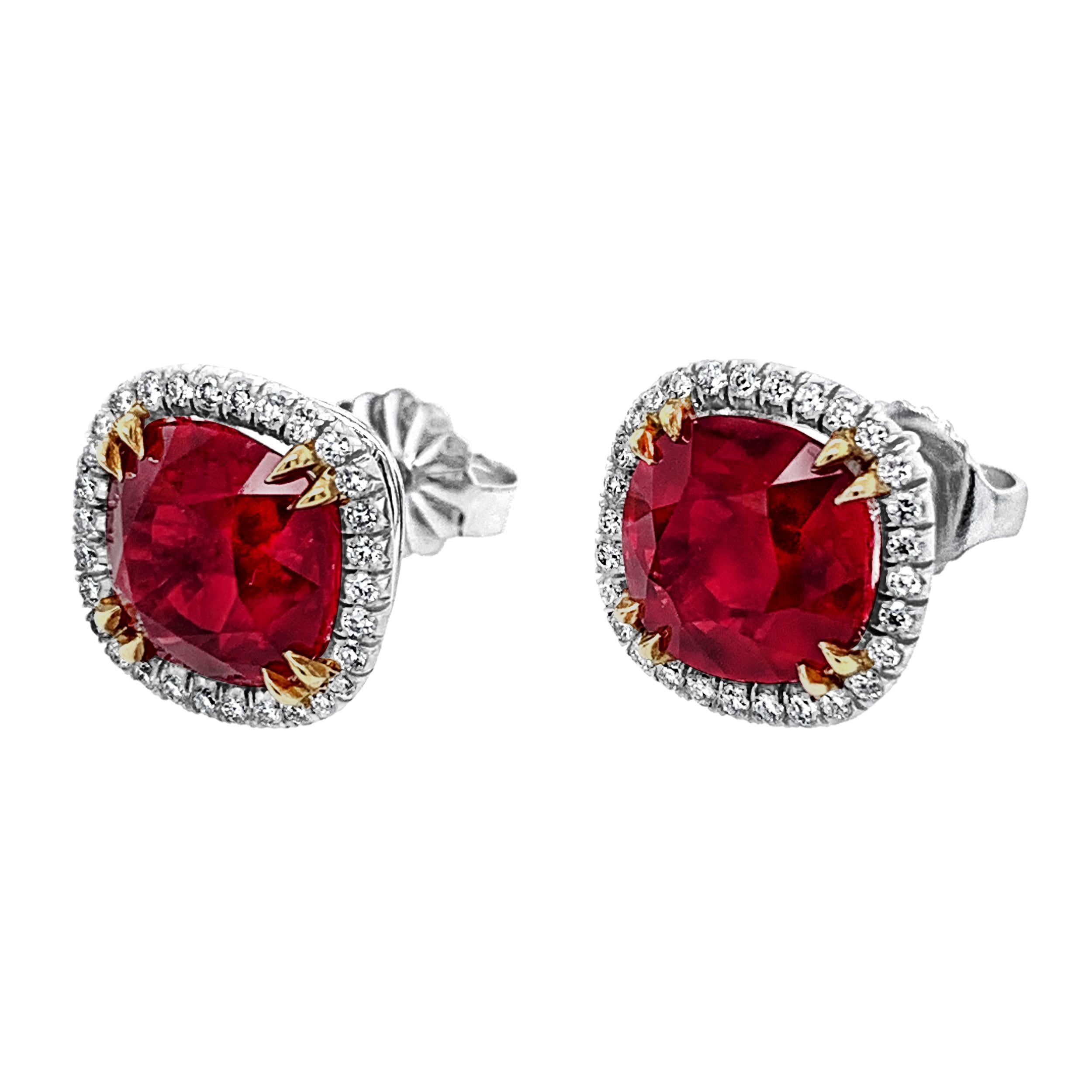 Cushion Cut 6.09 Carat 'total weight' Ruby Earrings with Diamond Halo For Sale