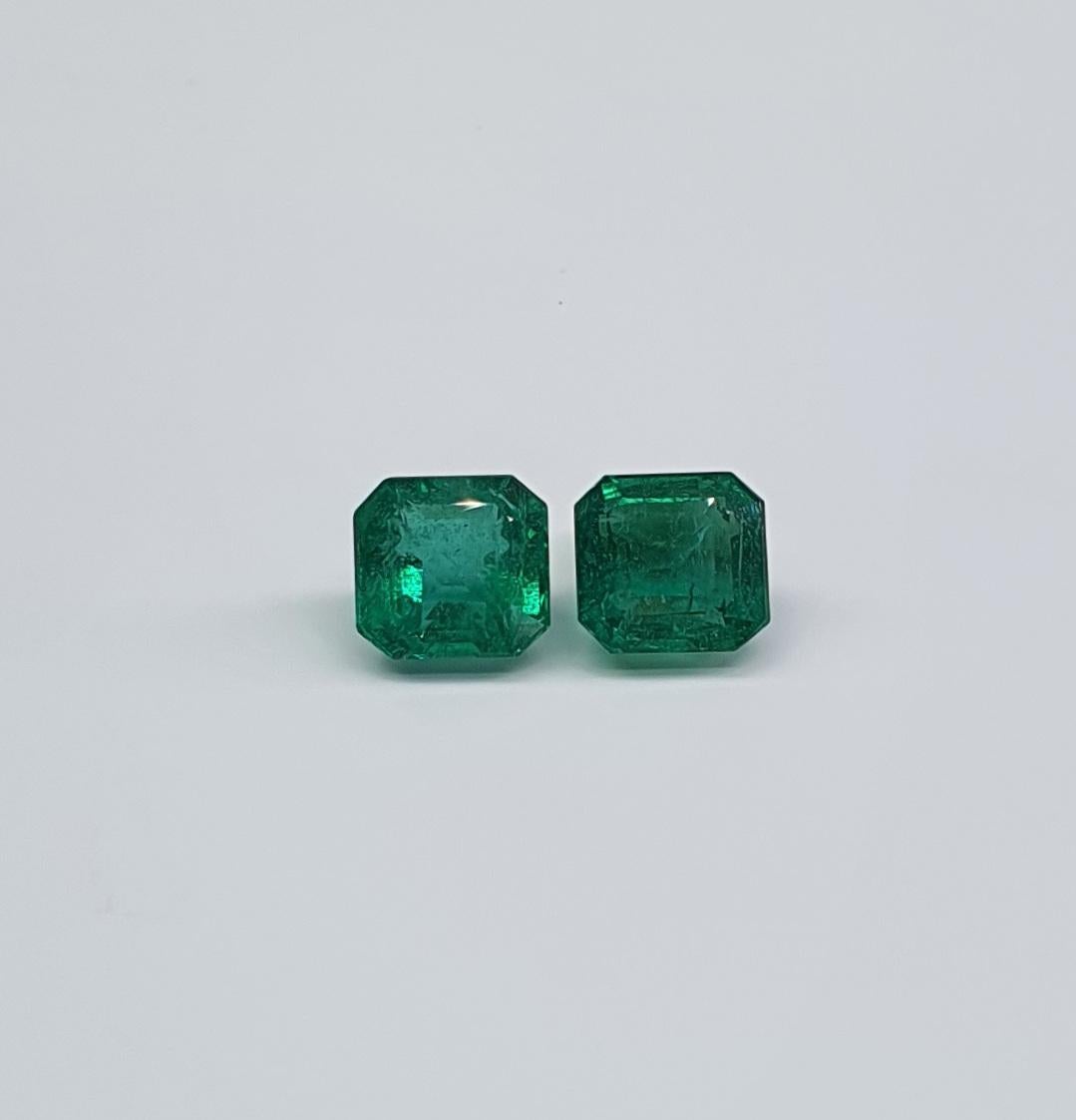 Beautiful 6.09 ct Emerald Pair , origin Zambia.
Emerald square cut.
Could be a great decision for the pair  of stud earrings or pendan/ring.
Exellent colour mach. Good cut.
Stones have natural inclusions, which is common for emeralds.
Medium natural