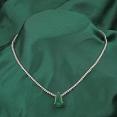 6.09 Ct Zambian Emerald 3.06 Ct Natural Diamond Drop Necklace 18K White Gold