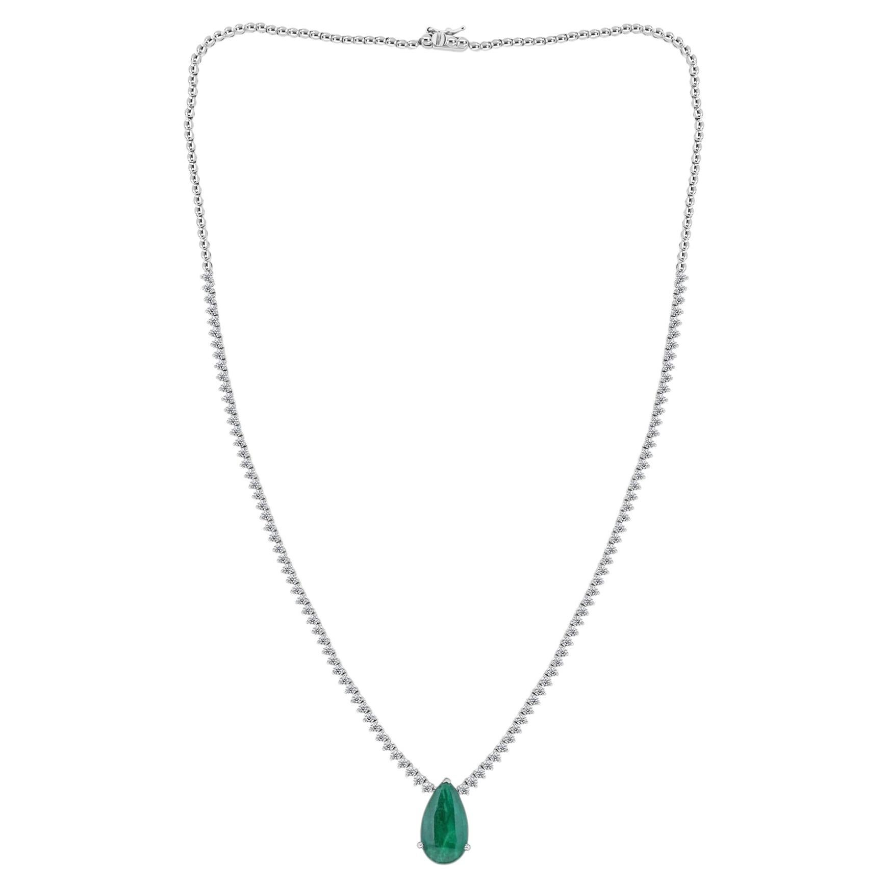 6.09 Ct Zambian Emerald 3.06 Ct Natural Diamond Drop Necklace 18K White Gold