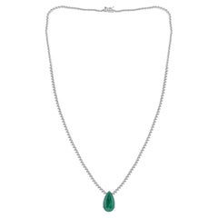 6.09 Ct Zambian Emerald 3.06 Ct Natural Diamond Drop Necklace 18K White Gold