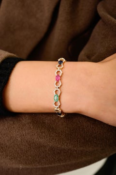 6.0Ct Esmeralda Rubí Zafiro y Diamante Pulsera de Tenis Multicolor Oro Amarillo 14K