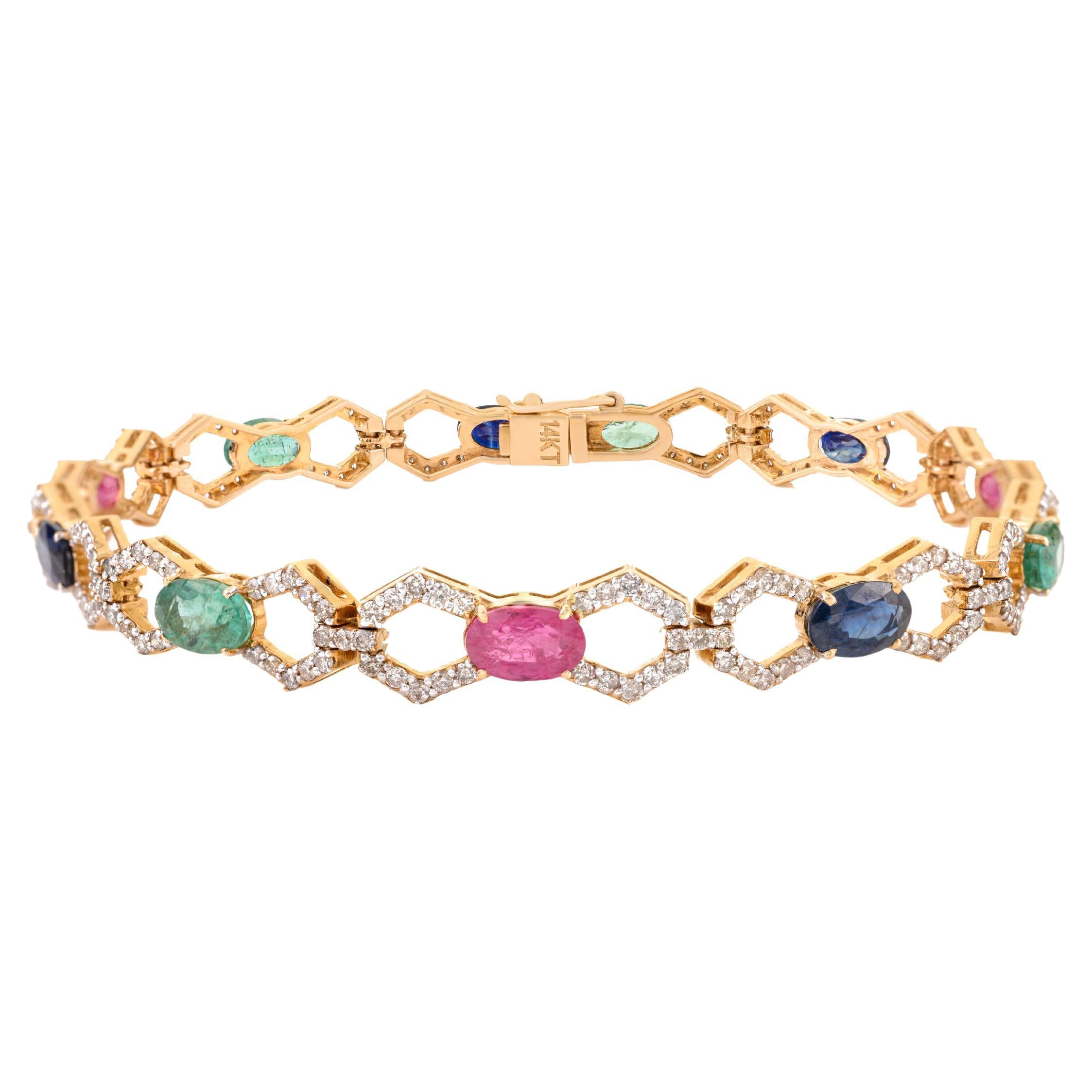 6.0Ct Emerald Ruby Sapphire 
Diamond Multicolor Tennis Bracelet 14K Yellow Gold For Sale