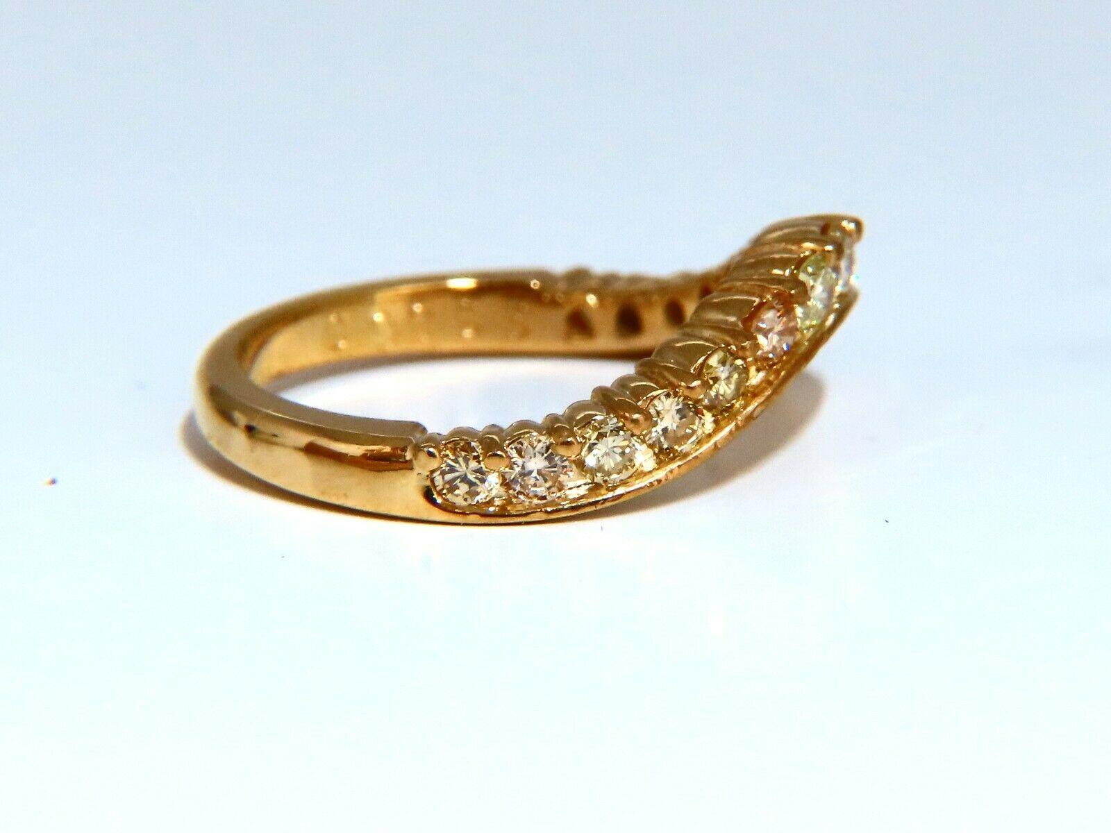 Fancy Diamonds Wave Band

.60ct. Natural Fancy Shades of Yellow Diamonds 

 Round cut brilliant diamonds

Durable Built.

Vs-2 Si-1 clarity H color.

14kt yellow gold.

3.6 Grams

Overall ring: 2.3mm wide

Depth: 3.4mm

Current ring size: 4.75

May