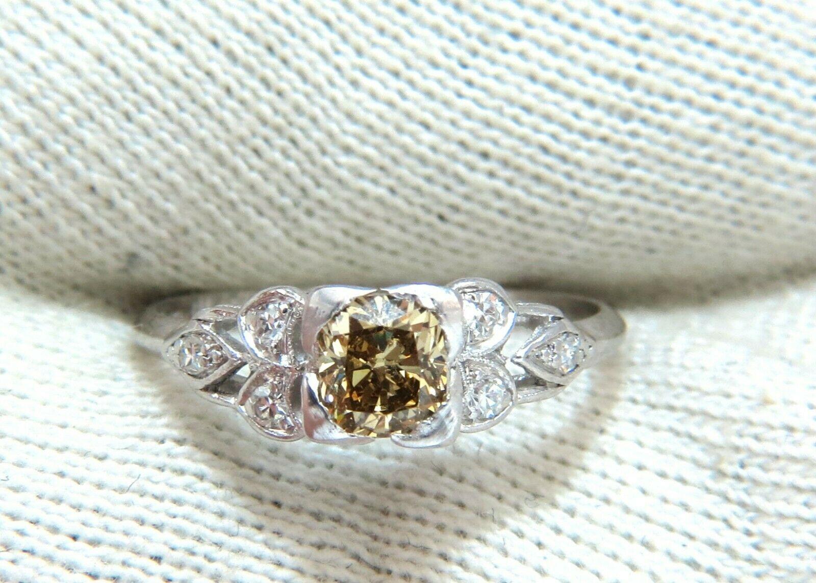 .60 Carat Natural Yellow Green Brown Diamond Vintage Gilt Ring Platinum In New Condition For Sale In New York, NY
