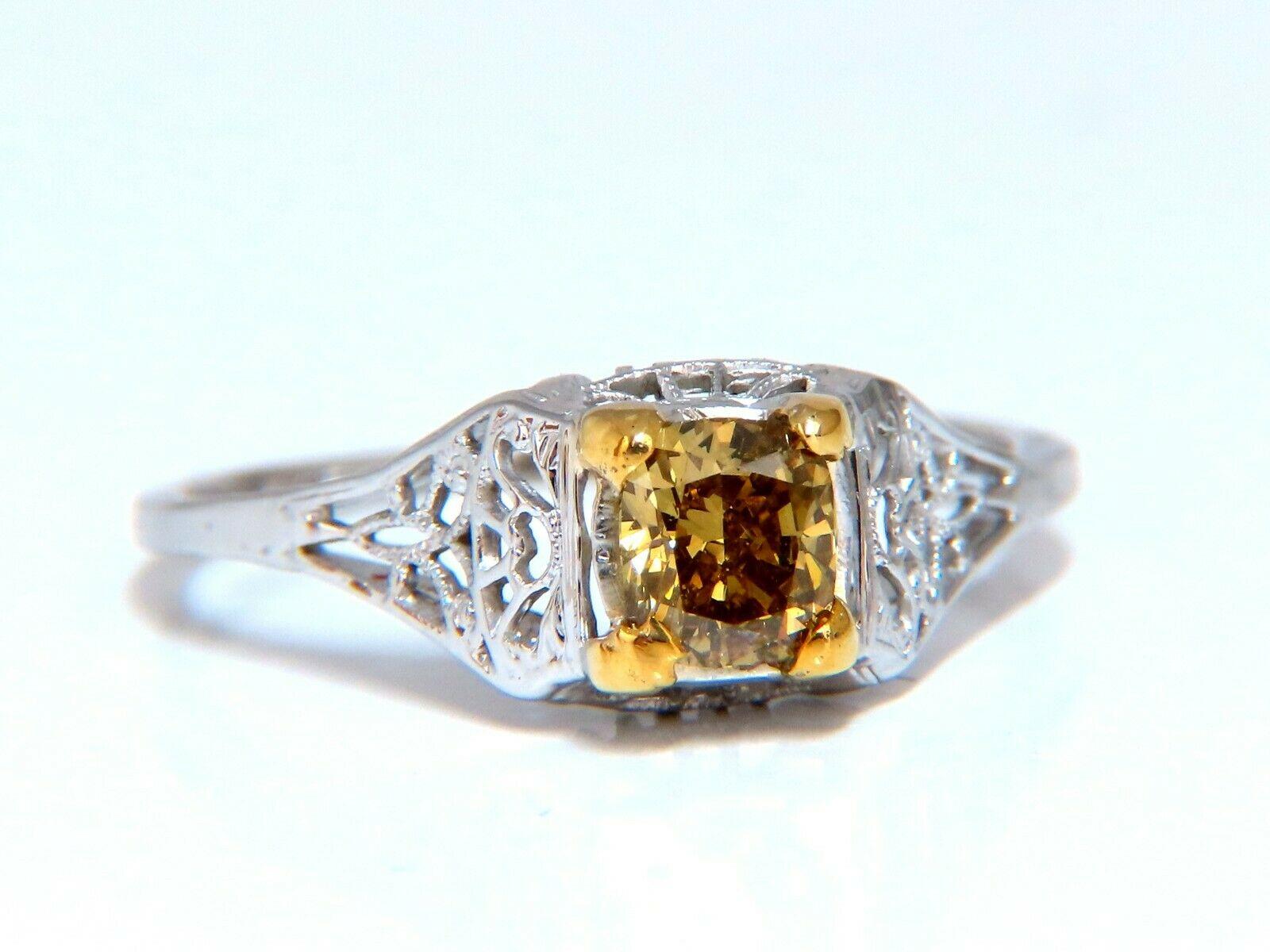 Women's or Men's .60 Carat Natural Yellow Green Brown Diamond Vintage Gilt Ring Platinum For Sale